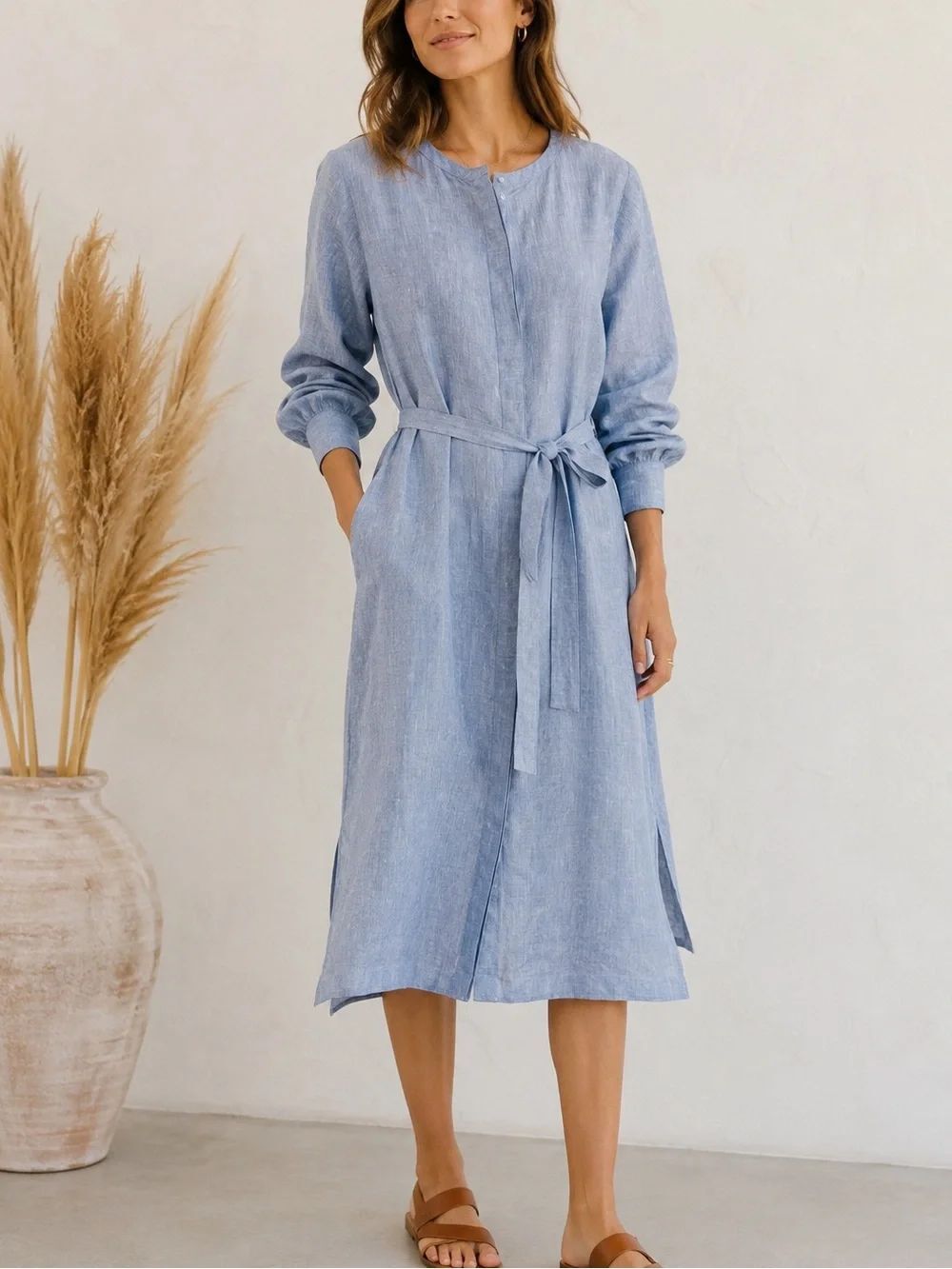 Haven Well Within 100% Linen Blue Belted Shirt Dress Long Sleeve Size S